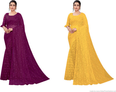 Nilkanthvarni Creation Self Design Bollywood Net Saree(Pack of 2, Purple, Yellow)