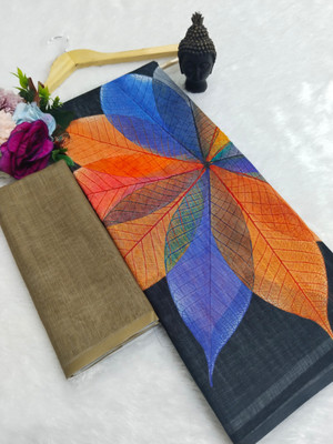 PRTRENDZ Woven Kanjivaram Linen, Cotton Linen Saree(Black, Multicolor)