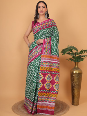 NENUBRITY Printed Ikkat Pure Cotton Saree(Multicolor)