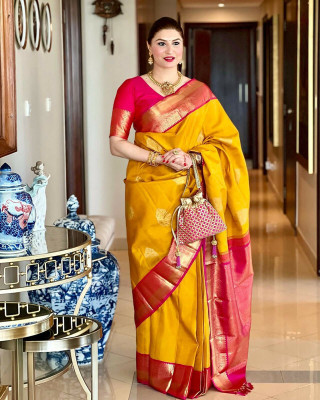 SHWENILA Solid/Plain Assam Silk Pure Silk Saree(Yellow)