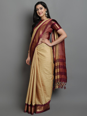 STARWOMEN Checkered, Embellished, Self Design, Striped, Woven Mysore Cotton Silk, Jacquard Saree(Beige, Maroon, Gold)