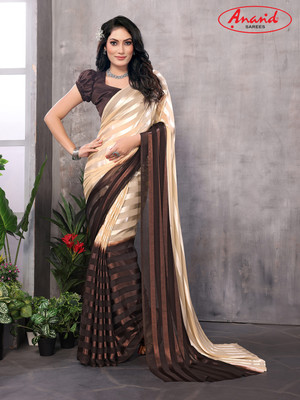 Anand Sarees Self Design Bollywood Satin Saree(Beige, Brown)