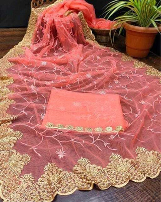 LUTAD FAB Embroidered Banarasi Net Saree(Pink)