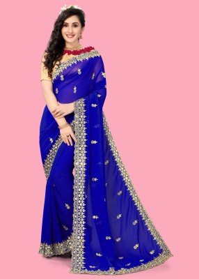 HouseOfCommon Embroidered Bollywood Georgette Saree(Dark Blue)