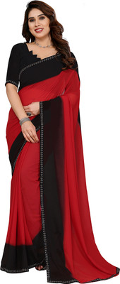 Moda Rapido Solid/Plain Daily Wear Georgette Saree(Red, Black)