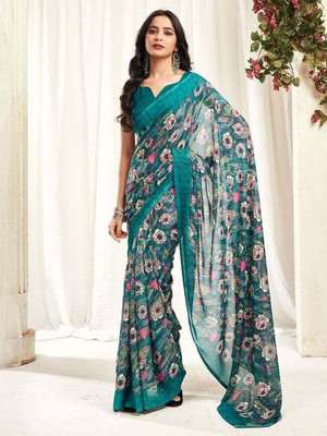 Falessa Floral Print Daily Wear Georgette Saree(Dark Green)