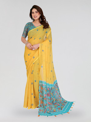 Moda Rapido Floral Print Bollywood Cotton Blend Saree(Yellow)