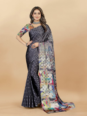 INITHI Digital Print Mysore Crepe Saree(Black)