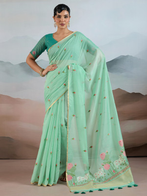 ANOUK Printed Chanderi Cotton Blend Saree(Light Blue)