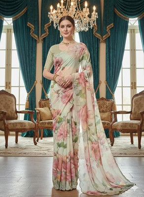YahvikaSaree Floral Print, Printed Bollywood Georgette Saree(White)