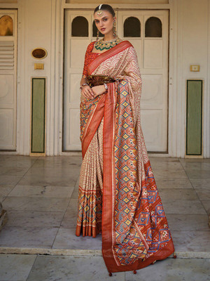 ANOUK Printed Patola Silk Blend Saree(Cream)