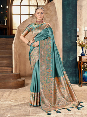 Valley Printed Banarasi Silk Blend Saree(Light Blue)