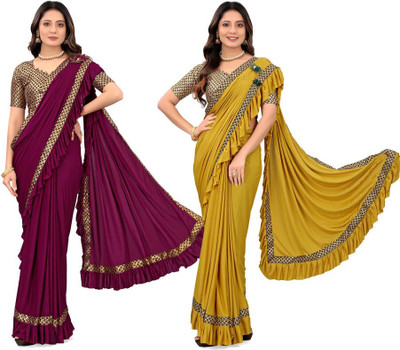 HouseOfCommon Solid/Plain Bollywood Lycra Blend Saree(Pack of 2, Multicolor)