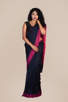 SUSHRITA BOUTIQUE Solid/Plain Bollywood Cotton Blend Saree(Dark Blue)