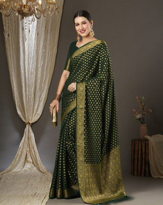 LEAFSY Woven Banarasi Pure Silk Saree(Green)
