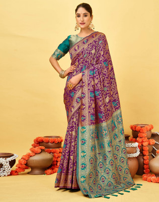 SIRIL Printed Banarasi Silk Blend Saree(Purple)