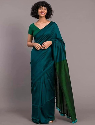 LushLooms Solid/Plain Handloom Cotton Blend Saree(Green)