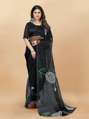 TATMIN Printed Bollywood Organza Saree(Black)