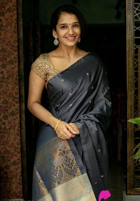 SOFIEFAB Woven, Solid/Plain Kanjivaram Pure Silk Saree(Grey)