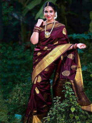 Nimidiya Woven, Self Design Banarasi Silk Blend, Pure Silk Saree(Maroon)