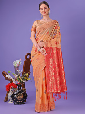 Divastri Woven Banarasi Cotton Linen Saree(Orange)