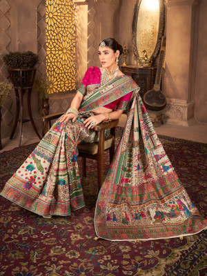 Sariya Woven, Digital Print Madhubani Pure Silk, Jacquard Saree(Light Green)