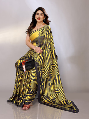 FABMORA Digital Print Bollywood Satin Saree(Yellow)
