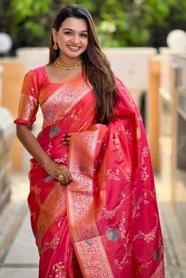 ROOP LAVANYA Woven Paithani Cotton Silk, Jacquard Saree(Pink)