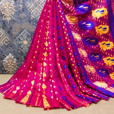 Bansari Textiles Temple Border, Printed, Self Design, Woven Jamdani Jacquard, Cotton Blend Saree(Pink)