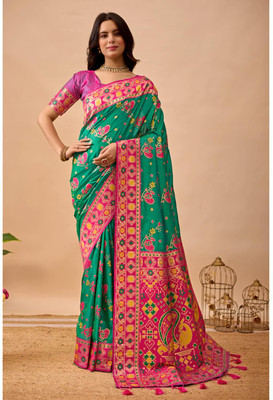 Kathavastra Animal Print, Floral Print, Woven Leheria Pure Silk Saree(Green)