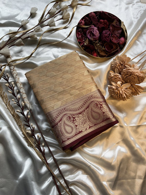 PENNINSWAG Self Design, Woven Banarasi Tissue Saree(Beige, Maroon)