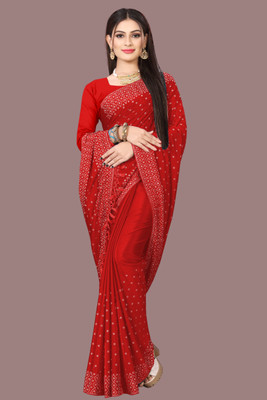 nevya creation Solid/Plain Banarasi Chanderi, Georgette Saree(Red)