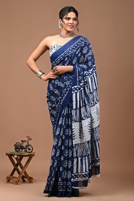 NIKHILAM Blocked Printed, Checkered, Printed, Dyed, Floral Print, Self Design, Digital Print Daily Wear Pure Cotton Saree(Blue, White)