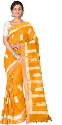 Mystory Printed Bhagalpuri Cotton Linen Saree(Mustard, White)