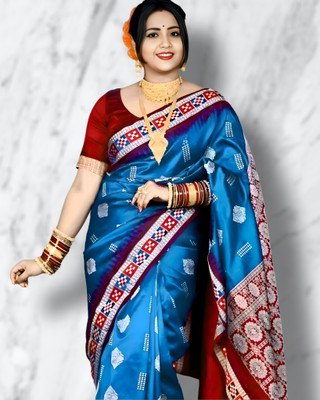 Weaver store Temple Border Sambalpuri Art Silk Saree(Blue)