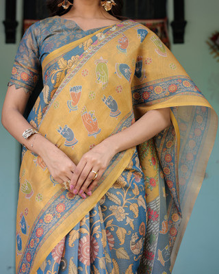 ALMAARI FASHION Printed, Floral Print Handloom Cotton Linen Saree(Yellow, Blue)