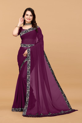 HIJA TRENDZ Embroidered, Solid/Plain Bollywood Georgette Saree(Purple)