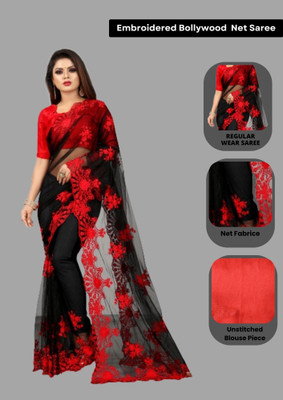 Barkiya Creation Embroidered Bollywood Net Saree(Black)
