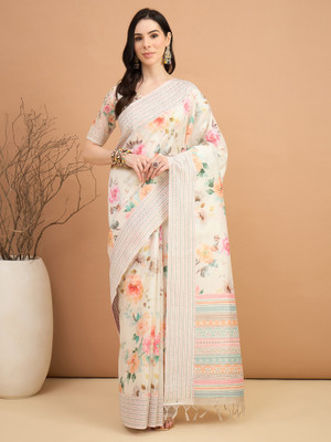 Divastri Floral Print Daily Wear Silk Blend Saree(Cream)