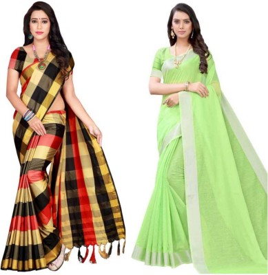 ROFOLO Checkered, Solid/Plain, Printed Handloom Cotton Silk Saree(Pack of 2, Beige, Green)