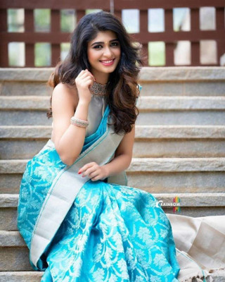 KanjiQueen Woven, Self Design Banarasi Silk Blend, Pure Silk Saree(Light Blue, Silver)