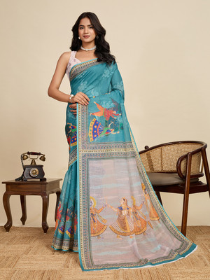 Upalksh Printed Bollywood Linen Saree(Light Blue)