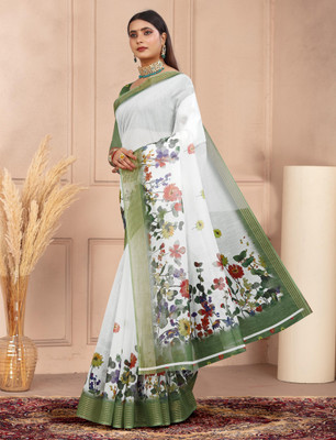 HouseOfCommon Printed Kanjivaram Pure Cotton, Chanderi Saree(White, Green)