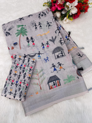 SJY Printed Assam Silk Linen Saree(Pack of 3, White)