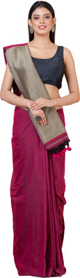 Durga Handlooms Solid/Plain Handloom Cotton Linen Saree(Red)