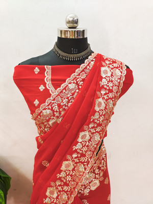Mikhushop Embroidered Bollywood Georgette Saree(Orange)