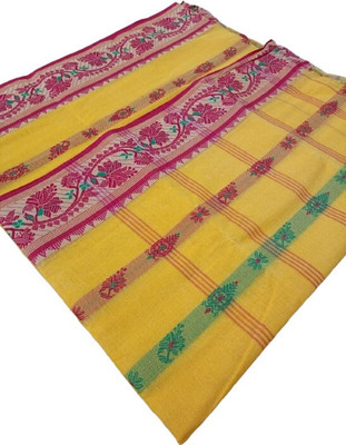 KhayaFashion Woven Tant Pure Cotton Saree(Yellow, Pink, Green)