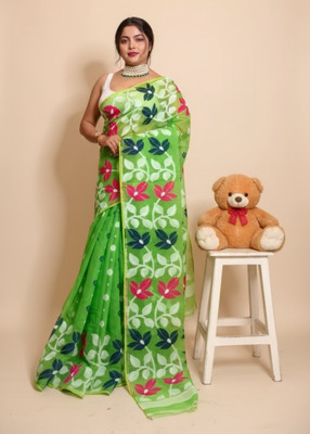 TUYA Woven Jamdani Cotton Silk Saree(Pack of 2, Green)