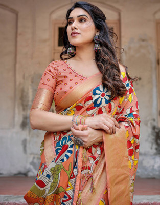 Tasrika Printed, Woven, Embellished Kalamkari Tussar Silk Saree(Orange)