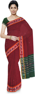 handloom paridhaan Striped Tant Pure Cotton Saree(Red)